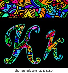  vector capital and small letters K with abstract ethnic  patterns. Rich ornate alphabet in orient style. Fancy multicolored letter with a decorative pattern can be used for printing on fabric, card 