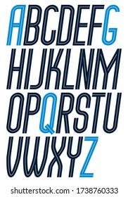 Vector capital thin condensed English alphabet letters collection made with white stripes, best for use in logotype design in telecommunication theme