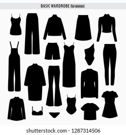 Vector capsule woman wardrobe isolated on white background. Basic woman clothes silhouettes. Vector illustration for your graphic design.