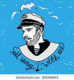 Vector captain illustration with birds, anchor and nautical typography badge Sail away with me