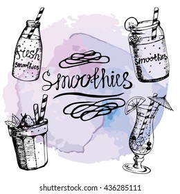 Vector. Caption objects smoothie on watercolor background. Lettering . Hand drawing. Fruity summer cocktails. set. lavender color. 