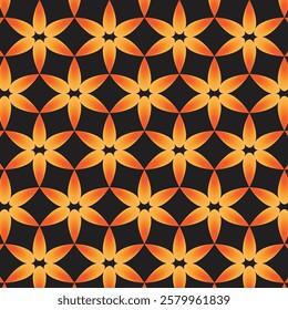 A vector captivating seamless pattern featuring a mesmerizing array of orange and yellow flowers, reminiscent of a kaleidoscope. 