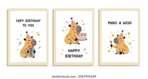 Vector capy birthday greeting card or party invitation set. Happy birthday postcards with cute capybaras in flat design. Collection of greeting cards illustration. Festive kawaii posters.