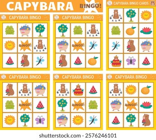 Vector capybara bingo cards set. Fun family lotto board game with cute animals for kids. Capibara lottery activity. Simple educational printable worksheet with butterfly, frog, tangerine