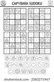 Vector capybara black and white sudoku puzzle for kids with pictures. Capibara line quiz with cut and glue elements. Education activity, coloring page with butterfly, bird, fruit. Draw missing objects