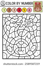 Vector capybara color by number activity with animal head with flowers. Nature landscape scene. Black and white counting game. Coloring page for kids with cute capibara in floral wreath
