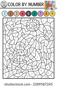 Vector capybara color by number activity with animal eating watermelon. Nature landscape scene. Black and white counting game. Coloring page for kids with cute capibara with butterflies and sun
