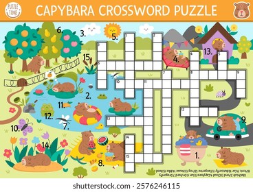 Vector capybara crossword puzzle for kids. Simple quiz with summer nature landscape for children. Educational activity with butterfly, reeds, garden. Capibara cross word with cute animal scene