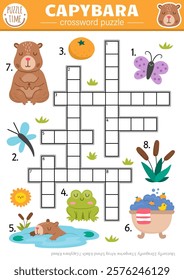 Vector capybara crossword puzzle for kids. Simple quiz with butterfly, tangerine, reeds, frog, bath, dragonfly for children. Cute capibara educational cross word activity with funny animals