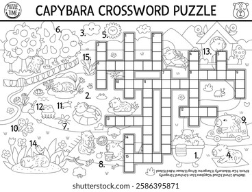 Vector capybara crossword puzzle for kids. Black and white quiz with summer nature landscape for children. Educational line activity with butterfly, garden. Capibara cross word, coloring page
