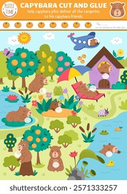 Vector capybara cut and glue activity. Crafting game with summer landscape, cute animals, tangerines. Fun printable worksheet for children. Find the right piece of the puzzle. Complete picture