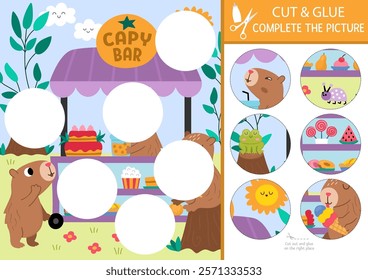 Vector capybara cut and glue activity. Crafting game with cute animals, summer nature landscape, dessert cart. Fill up scene with round sticker. Find the right piece of puzzle. Complete picture