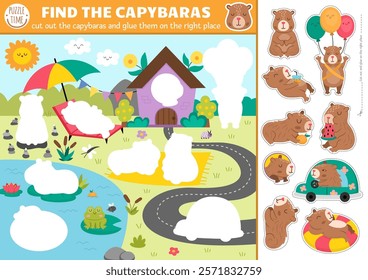 Vector capybara cut and glue activity. Crafting game with summer village landscape, cute animals. Fun printable worksheet for children. Find the right piece of the puzzle. Complete the picture