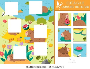 Vector capybara cut and glue activity. Crafting game with cute animals and summer nature landscape. Fill up scene with square sticker. Find the right piece of puzzle. Complete the picture