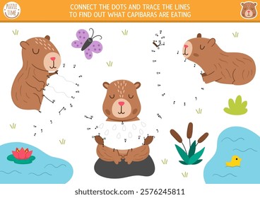 Vector capybara dot-to-dot and color activity with cute animals eating watermelon, pear, ice cream. Capibara connect the dots game for children. What are they eating printable worksheet