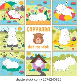 Vector capybara dot-to-dot and color activity set with cute animal sunbathing, meditating, relaxing. Capibara connect the dots game for children. Who is missing printable worksheet collection