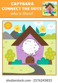 Vector capybara dot-to-dot and color activity with cute animal hiding in house, colored nature scene. Capibara connect the dots game for children. Who is missing printable worksheet