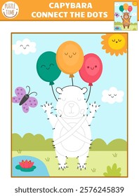 Vector capybara dot-to-dot and color activity with cute animal flying on balloons, summer nature scene. Capibara connect the dots game for children. Who is missing printable worksheet