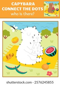 Vector capybara dot-to-dot and color activity with cute animal eating watermelon, summer nature scene. Capibara connect the dots game for children. Who is missing printable worksheet