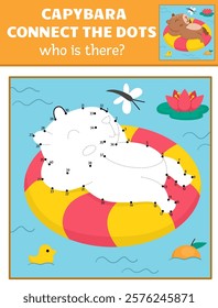 Vector capybara dot-to-dot and color activity with cute animal swimming on floatie, colored nature scene. Capibara connect the dots game for children. Who is missing printable worksheet