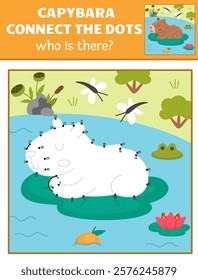 Vector capybara dot-to-dot and color activity with cute animal swimming in pond, colored nature scene. Capibara connect the dots game for children. Who is missing printable worksheet