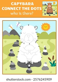 Vector capybara dot-to-dot and color activity with cute animal meditating in rock garden, colored nature scene. Capibara connect the dots game for children. Who is missing printable worksheet