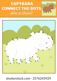 Vector capybara dot-to-dot and color activity with cute animal and colored summer nature scene. Capibara connect the dots game for children. Who is missing printable worksheet