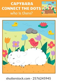 Vector capybara dot-to-dot and color activity with cute animal sleeping among flowers, colored nature scene. Capibara connect the dots game for children. Who is missing printable worksheet