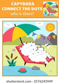 Vector capybara dot-to-dot and color activity with cute animal sunbathing, drinking lemonade, colored nature scene. Capibara connect the dots game for children. Who is missing printable worksheet