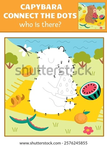Vector capybara dot-to-dot and color activity with cute animal eating watermelon, summer nature scene. Capibara connect the dots game for children. Who is missing printable worksheet
