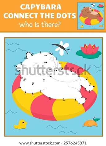 Vector capybara dot-to-dot and color activity with cute animal swimming on floatie, colored nature scene. Capibara connect the dots game for children. Who is missing printable worksheet