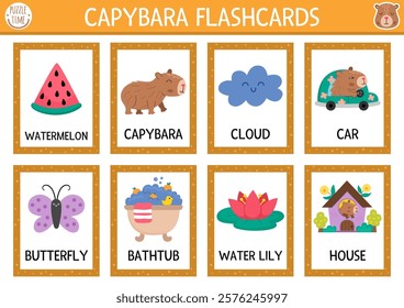 Vector capybara flash cards set with bathtub, butterfly, watermelon, cloud, water lily. English language game with cute animals for kids. Capibara flashcards. Simple educational printable worksheet