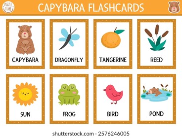 Vector capybara flash cards set with dragonfly, tangerine, frog, sun, bird, pond. English language game with cute animals for kids. Capibara flashcards. Simple educational printable worksheet