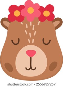 Vector capybara head icon. Cute capibara face with closed eyes and flowers. Funny happy animal illustration isolated on white background. Comic trendy holiday guinea pig clipart