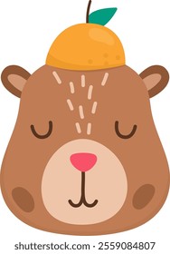 Vector capybara head icon. Cute capibara face with closed eyes and tangerine. Funny happy animal illustration isolated on white background. Comic trendy holiday guinea pig clipart