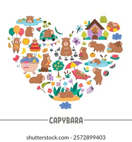 Vector capybara heart shaped frame with relaxed animals, frog, tangerines, fruit, flowers, butterfly. Capibara card template design for banners, invitations. Cute illustration with guinea pigs