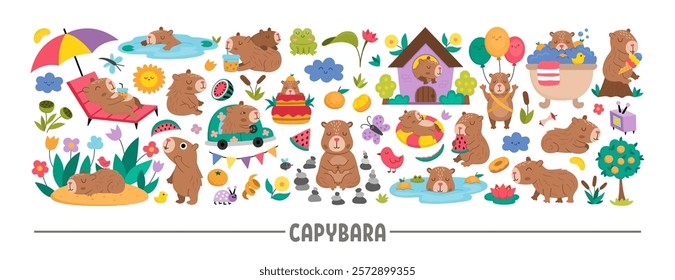 Vector capybara horizontal set with relaxed animals, frog, tangerines, fruit, flowers, butterfly. Capibara card template or frame design for banners, invitations. Cute illustration with guinea pigs