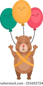 Vector capybara icon. Cute capibara flying on balloons with closed eyes. Funny happy animal illustration isolated on white background. Comic trendy guinea pig clipart