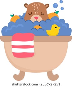 Vector capybara icon. Cute capibara taking bath with tangerines and little duck with closed eyes. Funny happy animal illustration isolated on white background. Comic trendy guinea pig clipart