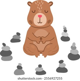 Vector capybara icon. Cute capibara meditating in rock garden with closed eyes. Funny happy animal illustration isolated on white background. Comic trendy guinea pig clipart