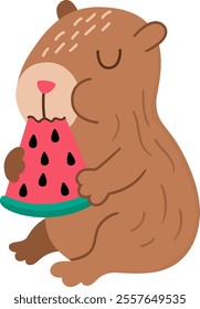 Vector capybara icon. Cute capibara sitting and eating watermelon with closed eyes. Funny happy animal illustration isolated on white background. Comic trendy guinea pig clipart