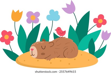 Vector capybara icon. Cute capibara sleeping on flower clearing with closed eyes and bird on his back. Funny happy animal illustration isolated on white background. Comic trendy guinea pig clipart