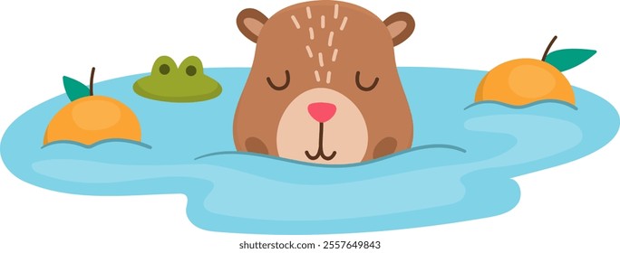 Vector capybara icon. Cute capibara swimming in pond with tangerines with closed eyes. Funny happy animal illustration isolated on white background. Comic trendy guinea pig clipart