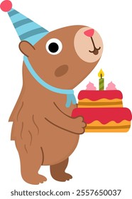 Vector capybara icon. Cute capibara in cone hat with birthday cake with candle. Funny happy animal illustration isolated on white background. Comic trendy holiday guinea pig clipart