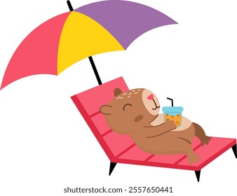 Vector capybara icon. Cute capibara lying on  sun lounger under beach umbrella with closed eyes. Funny happy animal illustration isolated on white background. Comic trendy guinea pig clipart