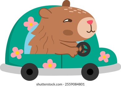 Vector capybara icon. Cute capibara driving a green car with pink flowers. Funny happy animal illustration isolated on white background. Comic trendy guinea pig clipart