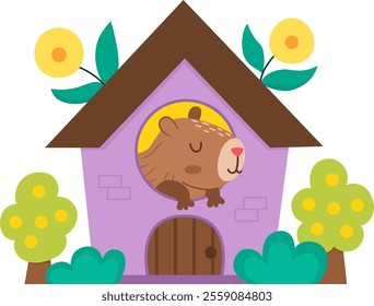 Vector capybara icon. Cute capibara sitting in little house with flowers with closed eyes. Funny happy animal illustration isolated on white background. Comic trendy guinea pig clipart