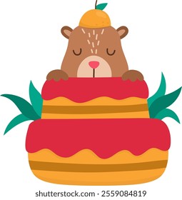 Vector capybara icon. Cute capibara sitting in tangerine cake with closed eyes. Funny happy animal illustration isolated on white background. Comic trendy guinea pig clipart