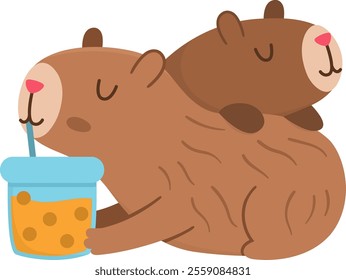 Vector capybara icon. Cute capibara sitting on each other and drinking bubble tea with closed eyes. Funny happy animal illustration isolated on white background. Comic trendy guinea pig clipart