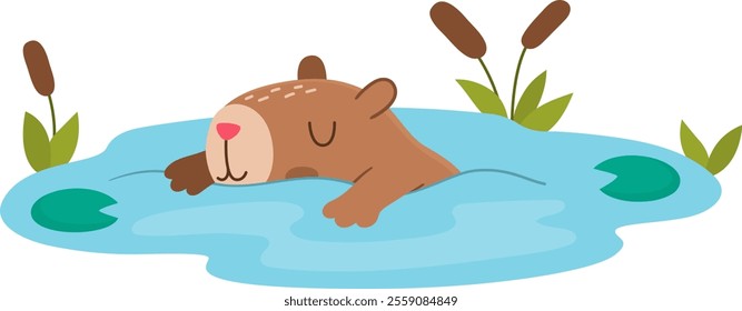 Vector capybara icon. Cute capibara swimming in pond with reeds with closed eyes. Funny happy animal illustration isolated on white background. Comic trendy guinea pig clipart